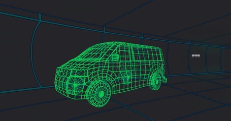 Floating green wireframe van model gliding through curved tunnel, with blue grid-lined walls