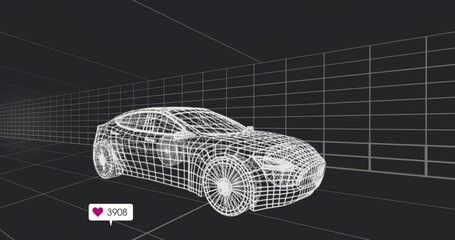 Floating wireframe coupe hovering in virtual studio, with grid walls and heart-icon counter 3908