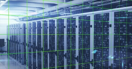 Glowing white server cabinets flashing LEDs in data center on tiled floor, with empty office chair