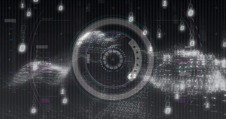 Streaming lens showing binary digits over grid-like code in digital scene, with rings and particles