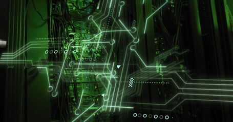 Server racks displaying network flow in dimly lit data center, with cables, green circuit overlay