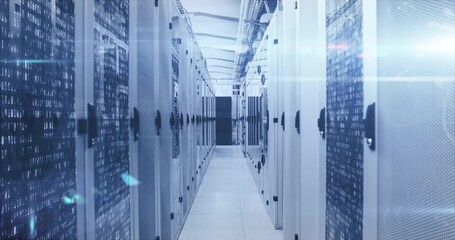 Blinking server rack LEDs lining data center corridor with cable trays, raised tiles and vents