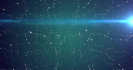 Depicting white round nodes linked by thin lines on gradient with horizontal light band, lens flare © vectorfusionart