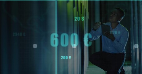 Kneeling tech tapping tablet in datacenter corridor, with racks and currency holograms, copy space © vectorfusionart