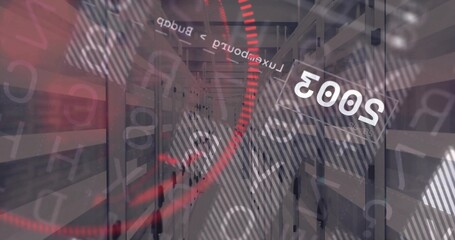 Showing server rack corridor in data center, displaying red data arcs and blinking LEDs