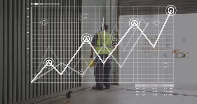 Warehouse worker wearing safety vest prying open container doors in loading bay, data overlay