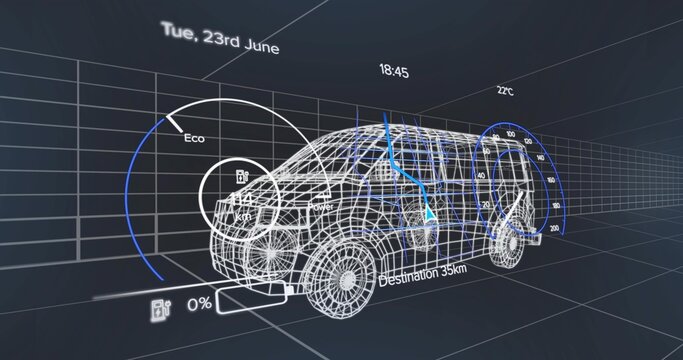 Showing wireframe SUV spinning in digital grid, with HUD showing Eco, fuel, battery and route