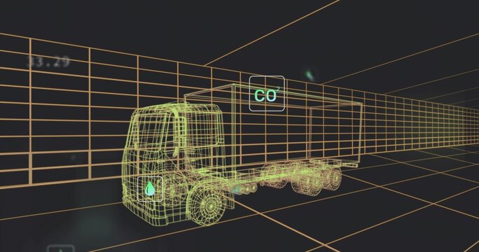 Fototapeta Rendering wireframe semi-truck floating in 3D grid space, highlighting CO² and water droplet icons