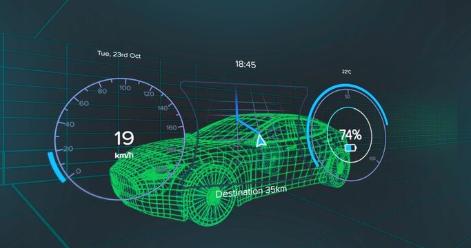 Fototapeta Displaying neon green wireframe car model in grid chamber with system gauges and navigation arrow