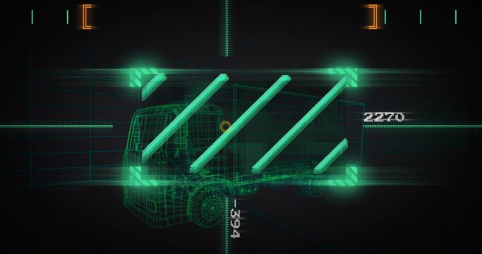 Fototapeta Displaying neon green wireframe cargo truck in HUD interface, with glowing support bars