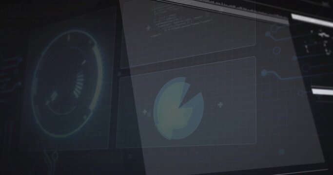 Displaying circular gauge on angled screens in control room, pie-chart, code overlay, copy space