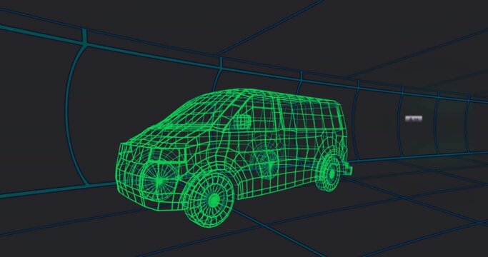 Floating green wireframe van model gliding through curved tunnel, with blue grid-lined walls