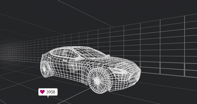Floating wireframe coupe hovering in virtual studio, with grid walls and heart-icon counter 3908