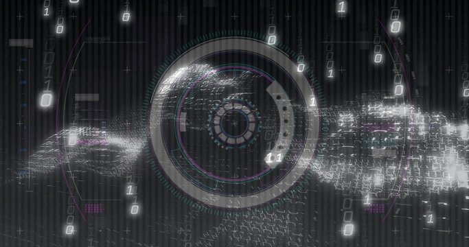 Streaming lens showing binary digits over grid-like code in digital scene, with rings and particles