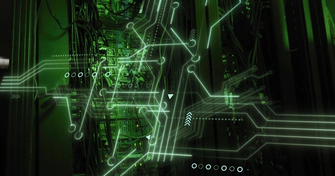 Server racks displaying network flow in dimly lit data center, with cables, green circuit overlay