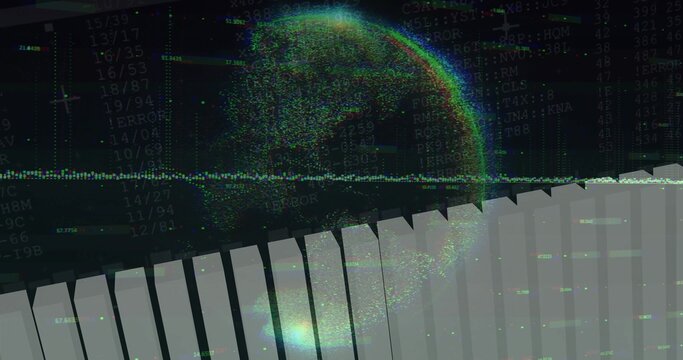 Displaying central point-cloud globe on interface with numeric overlay, waveform, bar chart
