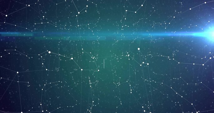 Depicting white round nodes linked by thin lines on gradient with horizontal light band, lens flare