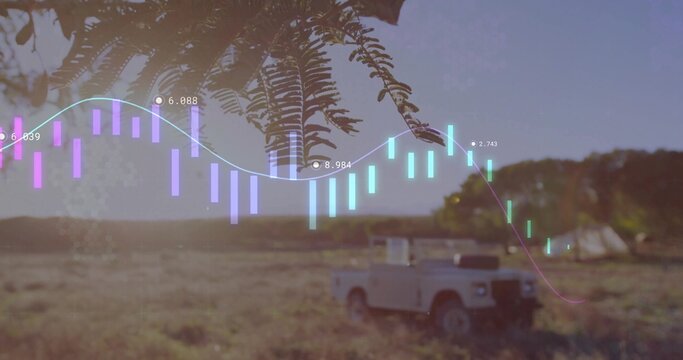 Parking white off-road vehicle in grassy field under branch by tent, with data overlay, copy space