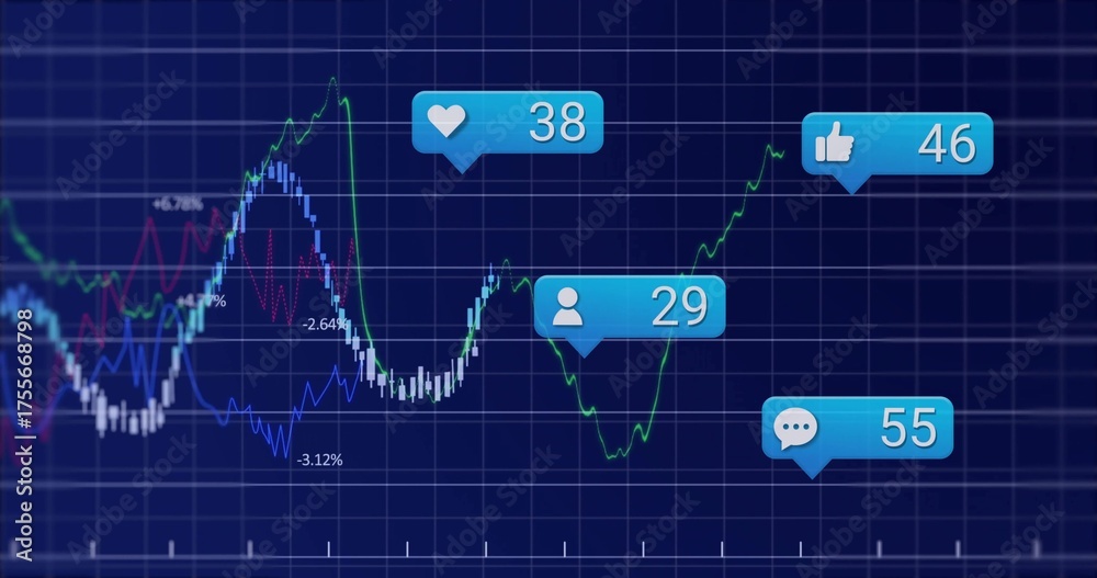 Wall mural Displaying data line graph with colored lines and social media notification bubbles on blue grid