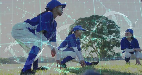 Stretching athlete in blue uniform crouching on grass with digital DNA overlay, copy space