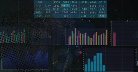 Displaying data dashboard on screen, with numeric table, bars, grid lines, gauge and globe overlay