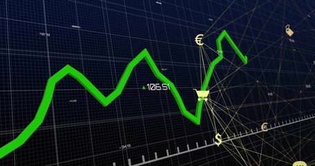 Displaying green jagged line chart shifting on navy grid, linking yellow currency symbols and cart