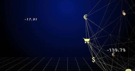 Showing graph connecting euro and dollar with cart, padlock on grid, negative values, copy space