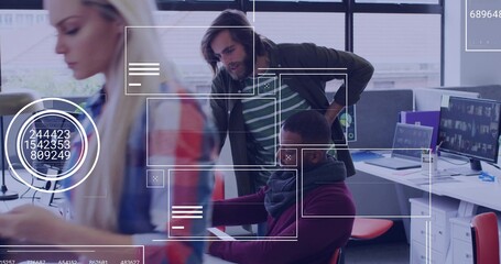 Collaborating trio reviewing project on smartphone and computers in open-plan office with overlay