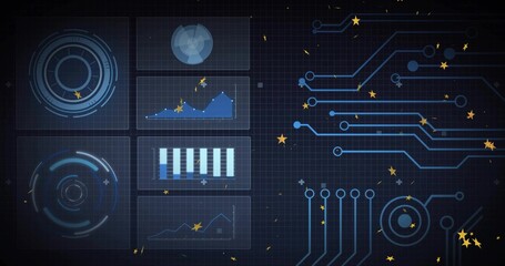 Displaying UI panels showing charts and gauges on dark grid, with circuit lines, sparks, copy space