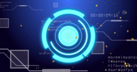 Fototapeta premium Displaying neon-blue HUD ring rotating on blue backdrop, showing stars, timer, UI outlines, code