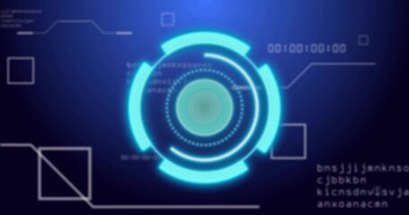 Displaying glowing circular HUD interface in digital environment, including timer, code snippets