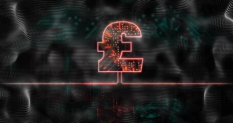 Glowing neon-lit British pound symbol pulsating above red line in grid space, with circuit patterns