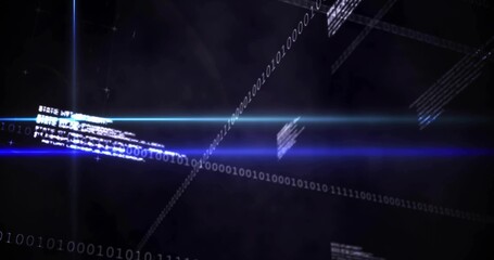 Intersecting glowing blue beam traversing digital space, with binary code snippets, light flares