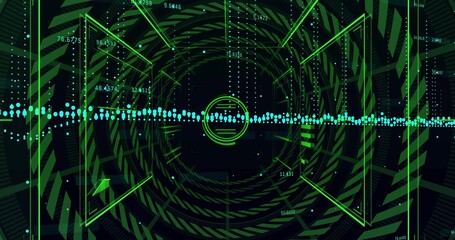 Rotating glowing green circle revolving in data tunnel, with turquoise stream, neon polygon frames