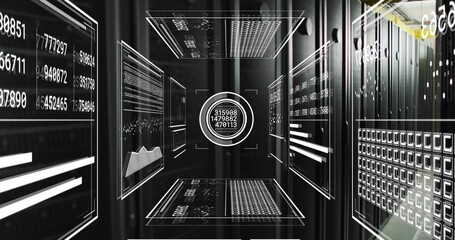 Holographic panels displaying data charts in server corridor with server racks and network cables
