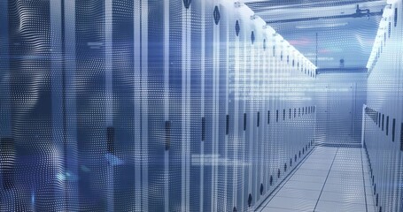 Displaying corridor flanking server cabinets in data center, with LED lights, cable trays, pipes