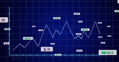 Displaying fluctuating white line chart on analytics dashboard, with data markers and icon labels