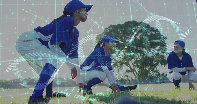 Stretching athlete in blue uniform crouching on grass with digital DNA overlay, copy space - Powered by Adobe