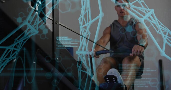 Rowing mid adult man wearing hoodie, smartwatch on rower in gym, with holographic skeleton and code