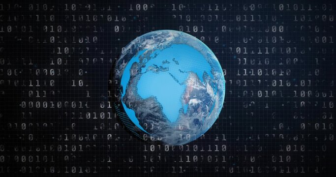 Naklejki Rotating mesh overlay blue Earth globe in cyberspace, with floating binary digits and grid