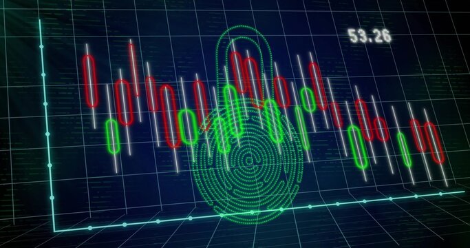 Displaying neon green fingerprint lock over 3D grid, showing red-green candlesticks and label 53
