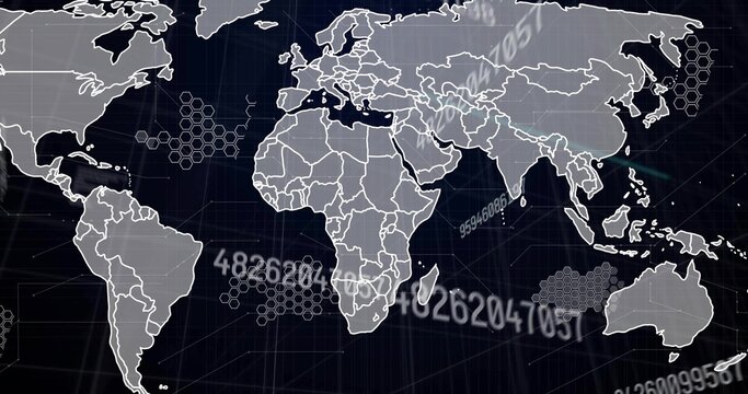Displaying stylized world map on dark blue grid interface, with hexagon overlays and numeric codes
