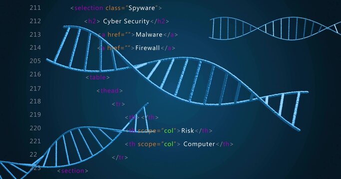 Spanning light-blue DNA helix models across digital gradient canvas, with HTML code snippets - Powered by Adobe