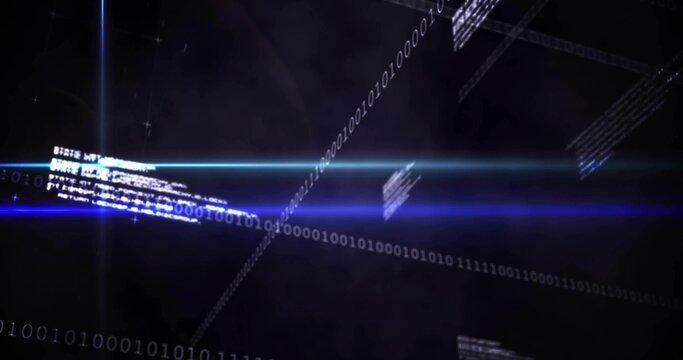 Intersecting glowing blue beam traversing digital space, with binary code snippets, light flares