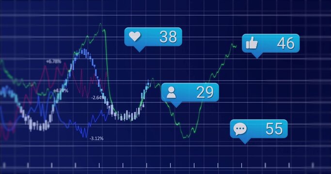 Displaying data line graph with colored lines and social media notification bubbles on blue grid