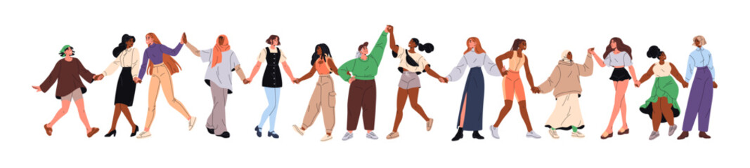 Fototapeta premium Diverse happy women stand in line and hold hands. Group of girls supports, loves together. Concept of sisterhood, feminism and female unity. Flat isolated vector illustration on white background