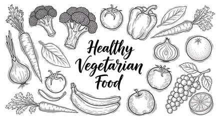 Healthy Vegetarian Food Sketch - Fresh Produce and Vegan Diet.