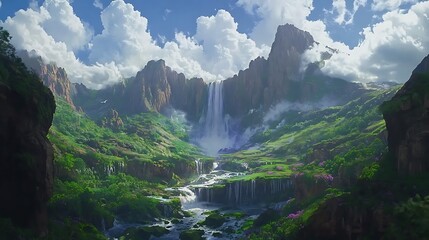 Majestic waterfall cascading down rocky mountains amidst lush greenery and clouds, creating a breathtaking fantasy landscape