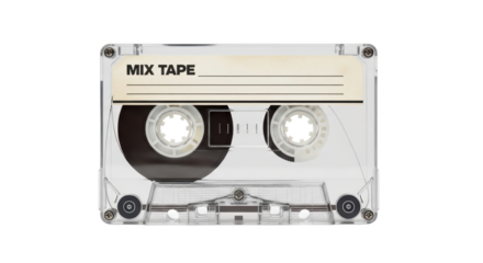 Transparent Cassette Tape With A Blank Label and Mixed Tape Text Isolated on Transparent Background