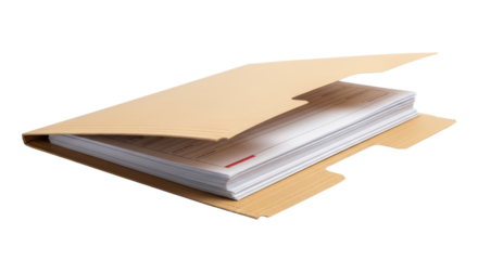 Brown Cardboard Folder Containing Stacked Documents Isolated on Transparent Background